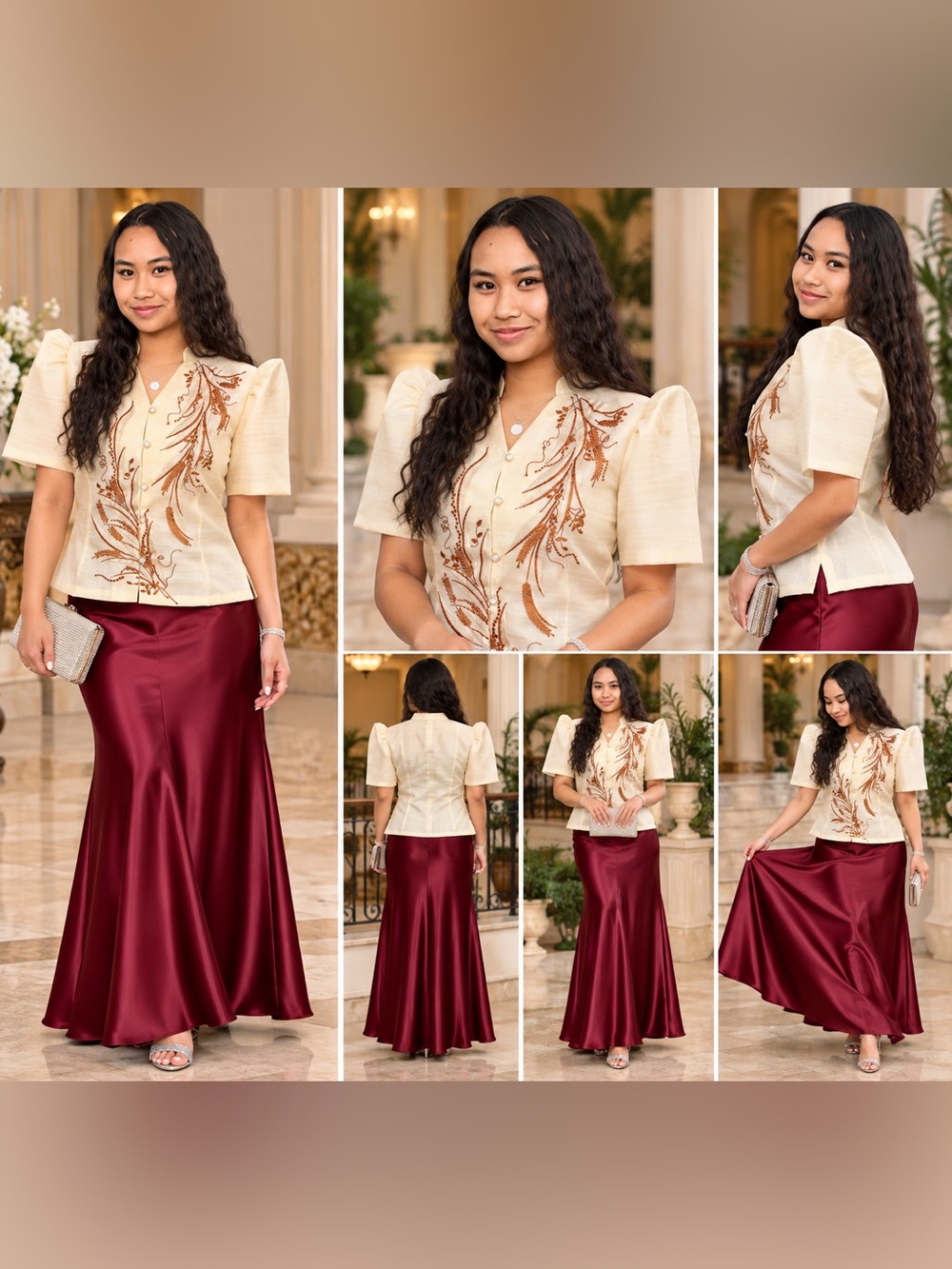 Filipiniana Pina Taiwan Blouse Set With Satin  Burgundy Skirt